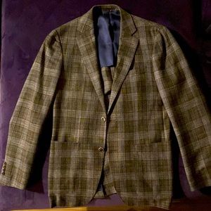 Suit Supply wool silk linen jacket, checkered brown with light blue stencil.